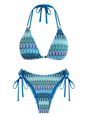 Women's Striped Swimsuit Halter Triangle String Bikini Set Tie Side Two Piece Bathing Suit