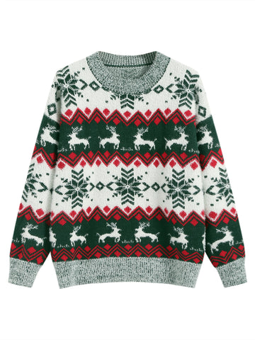 ZAFUL Christmas Sweaters for Women Snowflake Reindeer Long Sleeve Crewneck Oversized Sweater Fuzzy Knitted Pullover Tops