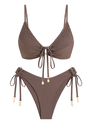 ZAFUL Women's Triangle Bikini Set O Ring Tie String Two Piece Swimsuit 2025 Smocked High Cut Bathing Suit-AMZ
