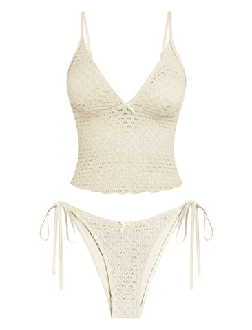 Lace Jacquard Bowknot Tummy Control Tanga Tankini -AMZ
