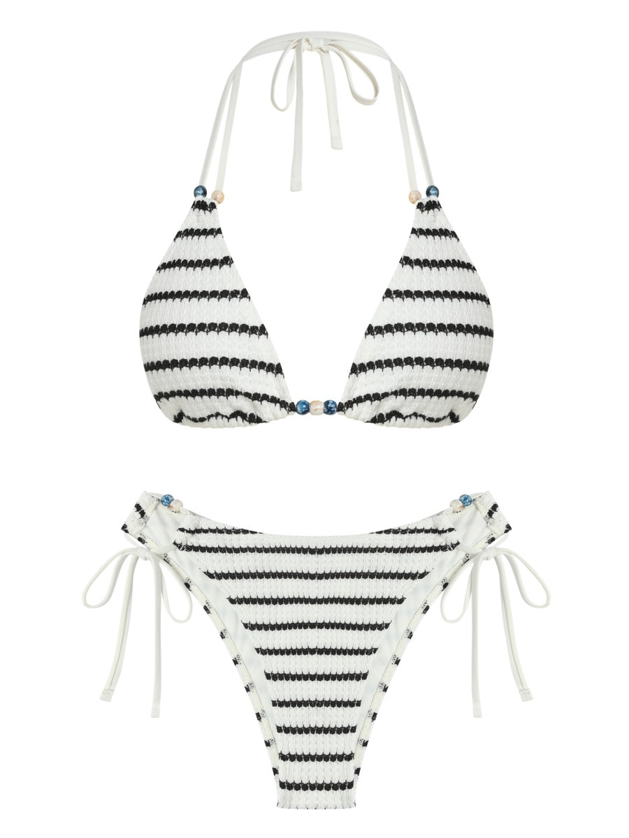 Women's Striped Swimsuit Halter Triangle String Bikini Set Tie Side Two Piece Bathing Suit