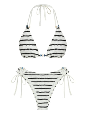 Women's Striped Swimsuit Halter Triangle String Bikini Set Tie Side Two Piece Bathing Suit