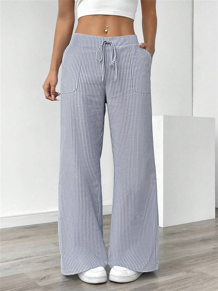 Women Striped Pants Elastic Waist Drawstring Straight Wide Leg Pants with Pockets
