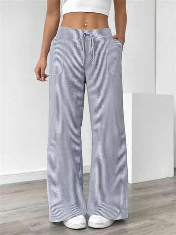 Women Striped Pants Elastic Waist Drawstring Straight Wide Leg Pants with Pockets
