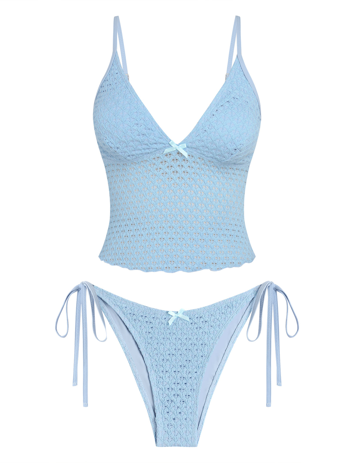 Lace Jacquard Bowknot Tummy Control Tanga Tankini -AMZ