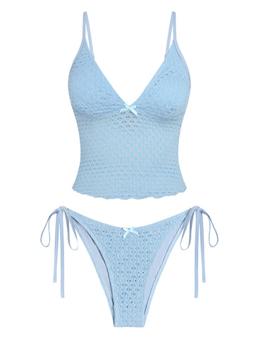 Lace Jacquard Bowknot Tummy Control Tanga Tankini -AMZ