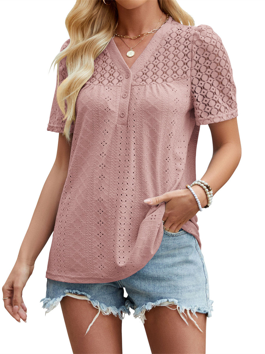 ZAFUL Women's Short Sleeve Button V Neck T Shirt Trendy Tunic Blouse