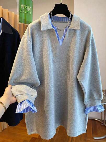 Fake Two-Piece Striped Patchwork Sweatshirt