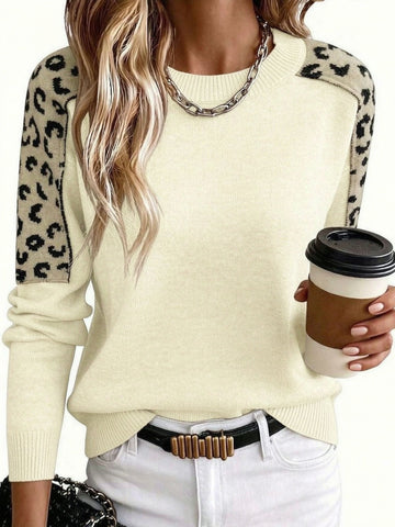 Crew Neck Leopard Patchwork Sweater