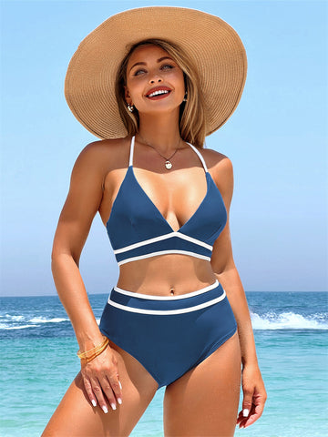 ZAFUL Women's Bikini Sets High Waisted V Neck Crisscross Back Tie Color Block Two Piece Bathing Suit