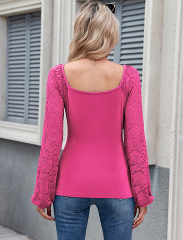 Women's Square Neck Puff Long Sleeve Casual Slim Fit Blouse