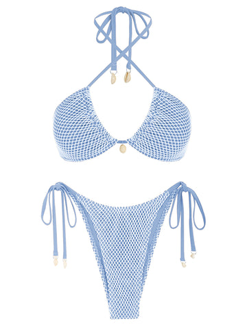 ZAFUL Women's Bikini Set Fishnet Triangle Tie Convertible Collar Halter Bandeau Shell Two Piece Bathing Suit-AMZ