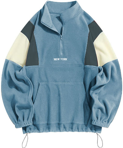 ZAFUL Men's Fluffy Polar Fleece Sweatshirt NEW YORK Embroidery Colorblock Half Zip Unisex Hoodie-AMAZON