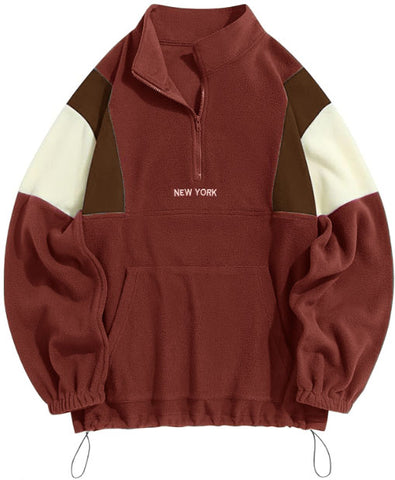 ZAFUL Men's Fluffy Polar Fleece Sweatshirt NEW YORK Embroidery Colorblock Half Zip Unisex Hoodie-AMAZON