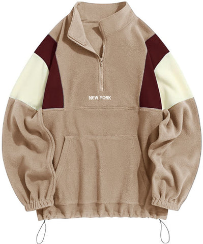 ZAFUL Men's Fluffy Polar Fleece Sweatshirt NEW YORK Embroidery Colorblock Half Zip Unisex Hoodie-AMAZON