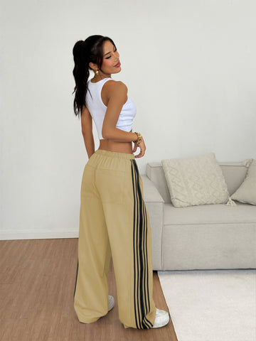 ZAFUL Women's Colorblock Straight Casual Pants Drawstring Slouchy Palazzo Pant Side Striped Lounge Trouser with Pockets-AMZ