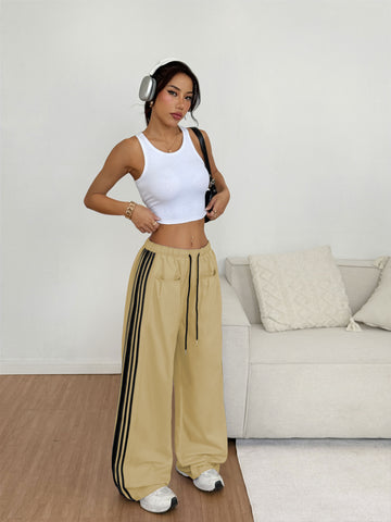 ZAFUL Women's Colorblock Straight Casual Pants Drawstring Slouchy Palazzo Pant Side Striped Lounge Trouser with Pockets-AMZ
