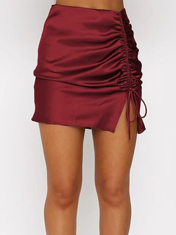 ZAFUL Women Satin Mini Skirts Sexy High Waisted Ruched Silk Bodycon Split Zipper Short Skirt
