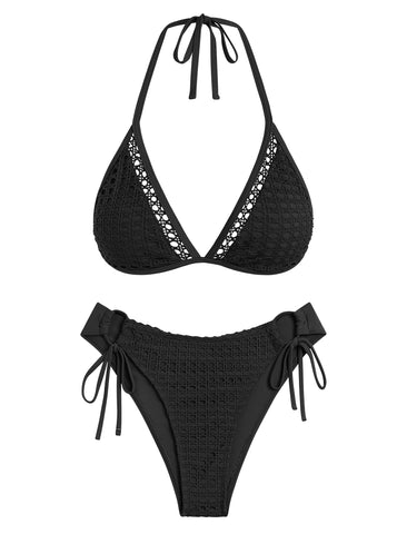 ZAFUL Women's Halter Triangle Bikini Set Crochet Boho Floral Swimsuit Cut Out Tie Side Two Piece Bathing Suit-AMZ
