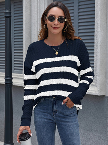 ZAFUL Women's Striped Sweaters Casual Crew Neck Long Sleeve Pullover Oversized Cable Knit Loose Jumper Tops