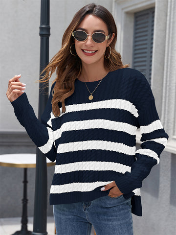 ZAFUL Women's Striped Sweaters Casual Crew Neck Long Sleeve Pullover Oversized Cable Knit Loose Jumper Tops