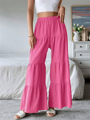 Women's Elastic High Waist Ruffle Wide Leg Pants