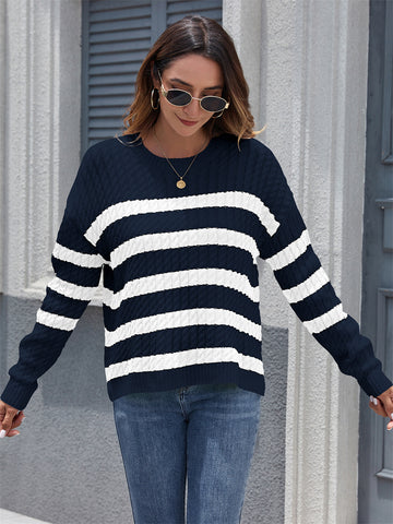 ZAFUL Women's Striped Sweaters Casual Crew Neck Long Sleeve Pullover Oversized Cable Knit Loose Jumper Tops