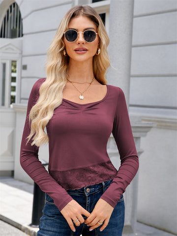 ZAFUL Womens Long Sleeve Crop Top Ruched Sexy Lace Trim Tunic Tees Blouse Basic T Shirts Going Out Layering Tops