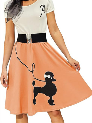 Women's Retro Poodle Print Skater Dress Vintage High Waist Rockabilly Cocktail Party Swing Dresses