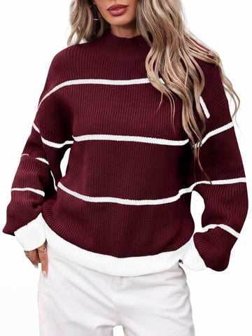 Striped Mock Neck Drop Shoulder Sweater