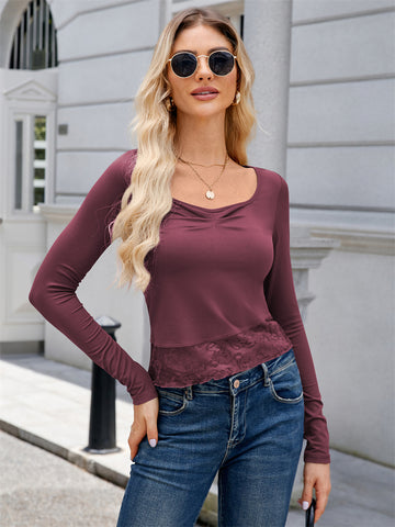 ZAFUL Womens Long Sleeve Crop Top Ruched Sexy Lace Trim Tunic Tees Blouse Basic T Shirts Going Out Layering Tops