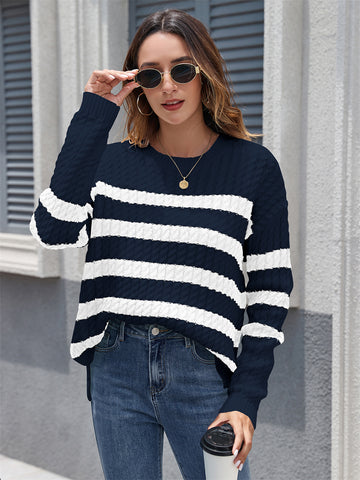 ZAFUL Women's Striped Sweaters Casual Crew Neck Long Sleeve Pullover Oversized Cable Knit Loose Jumper Tops