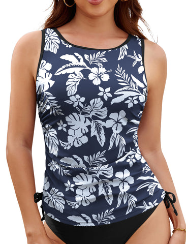 ZAFUL Tankini Tops for Women Only - Modest Swim Tank Top Scoop Neck Side Drawstring Tummy Control Swimsuit Top No Bottom