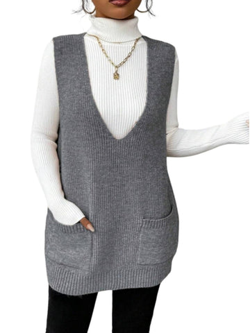 V Neck Knit Sweater Vest Dress