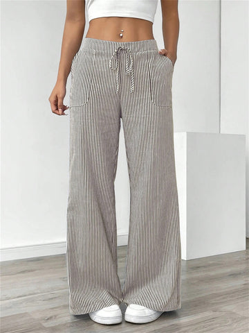 Women Striped Pants Elastic Waist Drawstring Straight Wide Leg Pants with Pockets