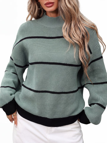 Striped Mock Neck Drop Shoulder Sweater