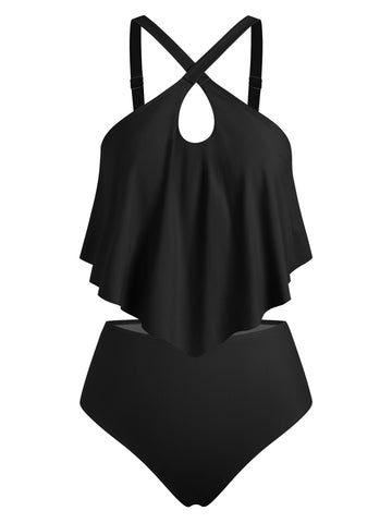 ZAFUL Women's Two Piece Swimsuit Bathing Suit Ruffled Front Keyhole High Waisted Swimwear