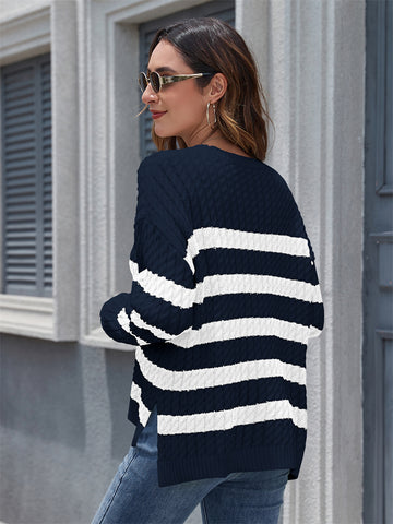 ZAFUL Women's Striped Sweaters Casual Crew Neck Long Sleeve Pullover Oversized Cable Knit Loose Jumper Tops