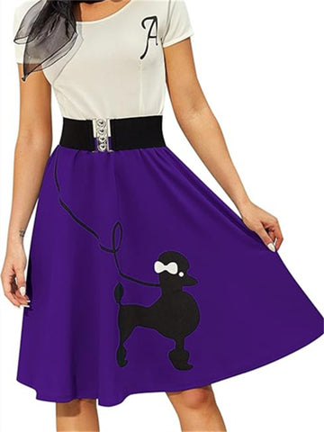 Women's Retro Poodle Print Skater Dress Vintage High Waist Rockabilly Cocktail Party Swing Dresses