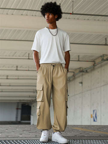 ZAFUL Men's Baggy Cargo Pants - Elastic Waist Drawstring Parachute Trousers with Pockets - Casual Street Hip Hop Style