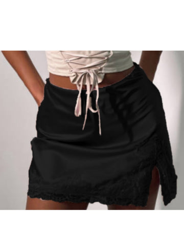 Womens Mini Skirt Slit Lace Detail Sexy A-line Skirt Casual Streetwear Trendy Skirt