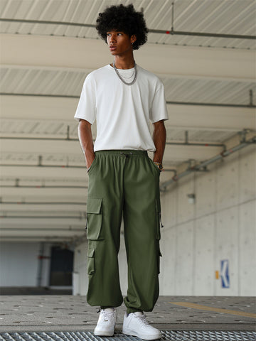 ZAFUL Men's Baggy Cargo Pants - Elastic Waist Drawstring Parachute Trousers with Pockets - Casual Street Hip Hop Style