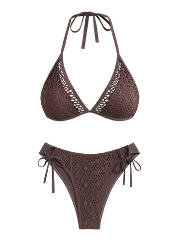 ZAFUL Women's Halter Triangle Bikini Set Crochet Boho Floral Swimsuit Cut Out Tie Side Two Piece Bathing Suit-AMZ