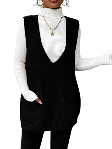 V Neck Knit Sweater Vest Dress