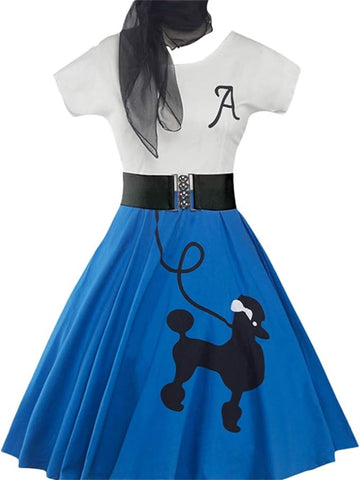 Women's Retro Poodle Print Skater Dress Vintage High Waist Rockabilly Cocktail Party Swing Dresses