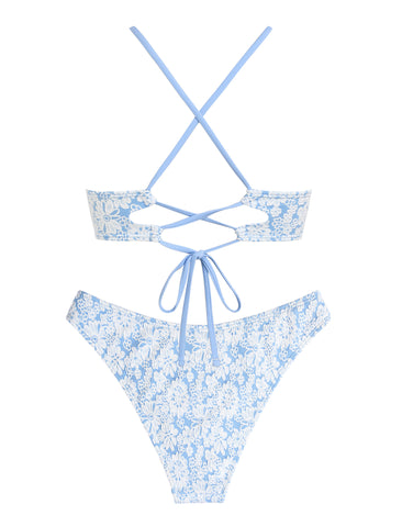 Blue Floral Print Cross Back Bikini Set