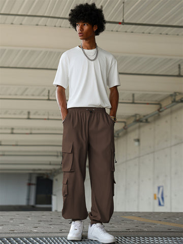 ZAFUL Men's Baggy Cargo Pants - Elastic Waist Drawstring Parachute Trousers with Pockets - Casual Street Hip Hop Style