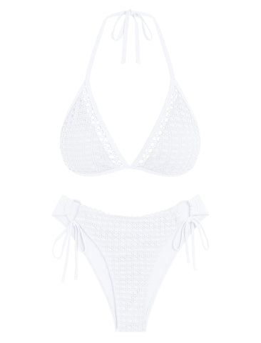 ZAFUL Women's Halter Triangle Bikini Set Crochet Boho Floral Swimsuit Cut Out Tie Side Two Piece Bathing Suit-AMZ