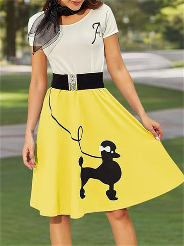 Women's Retro Poodle Print Skater Dress Vintage High Waist Rockabilly Cocktail Party Swing Dresses