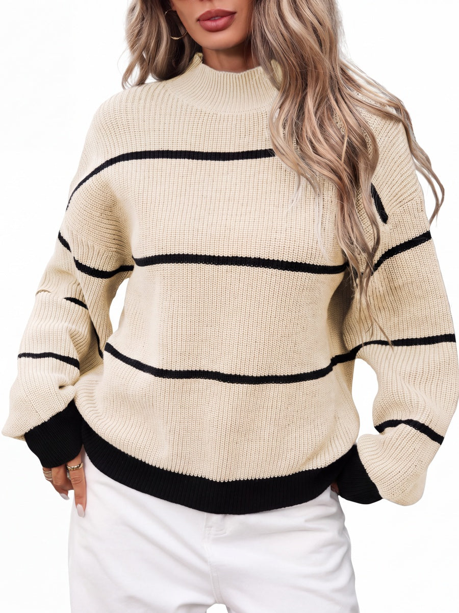 Striped Mock Neck Drop Shoulder Sweater